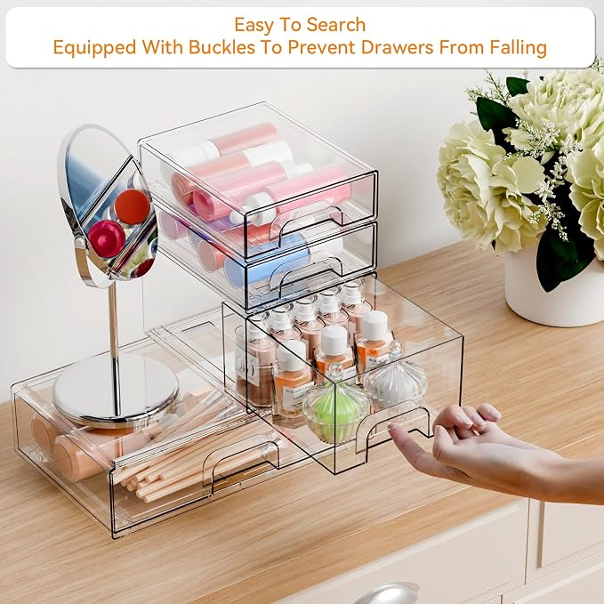 4 Pack Clear Stackable Storage Drawers,Acrylic Drawer Organizer for Medicine,Palettes,Hair Accessories and Makeup Organizer,Plastic Drawers for Cabinet,Office,Desk,Bathroom Storage Containers - Image 4