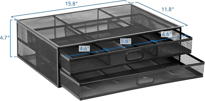 MOUNT-IT! Computer Monitor Stand With Drawers, Metal Mesh Riser and Organizer for Laptops and Computer Screens, Laptop, and Printer Accessories and Office Supplies (Black) - Image 7