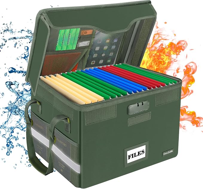 DocSafe Fireproof Document Box with Lock,File Storage Organizer with Mesh Pockets＆Lid,Collapsible Portable File Box Home Office Safe Filing Cabinet with Handle for Hanging Letter/Legal Folder,Green by DocSafe