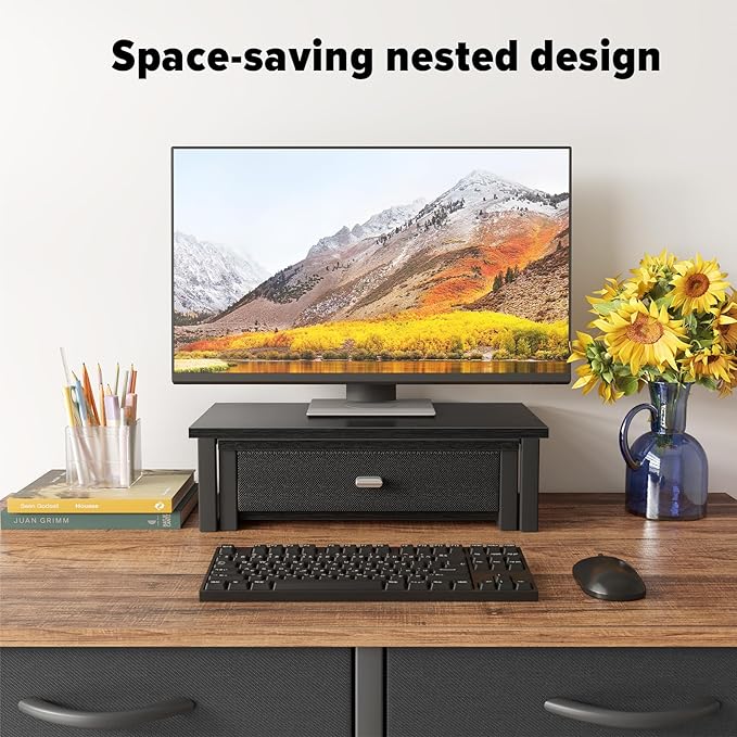 WOHOMO Dual Monitor Stand Riser with Drawers, Wood Desk Organizers for 2 Monitors, Desktop Storage Stand for Computer, Laptop, Black - Image 6