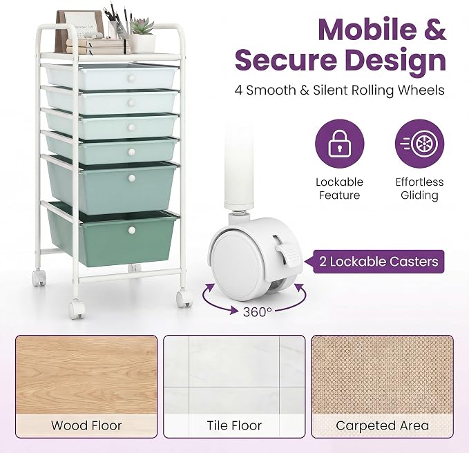 COSTWAY 6-Drawer Rolling Storage Cart, Art Craft Tools Organizer on Wheels | Multifunctional Heavy Duty Utility Mobile Storage Trolley w/ 2 Lockable Wheels for Home Office School (Green Gradient) - Image 4