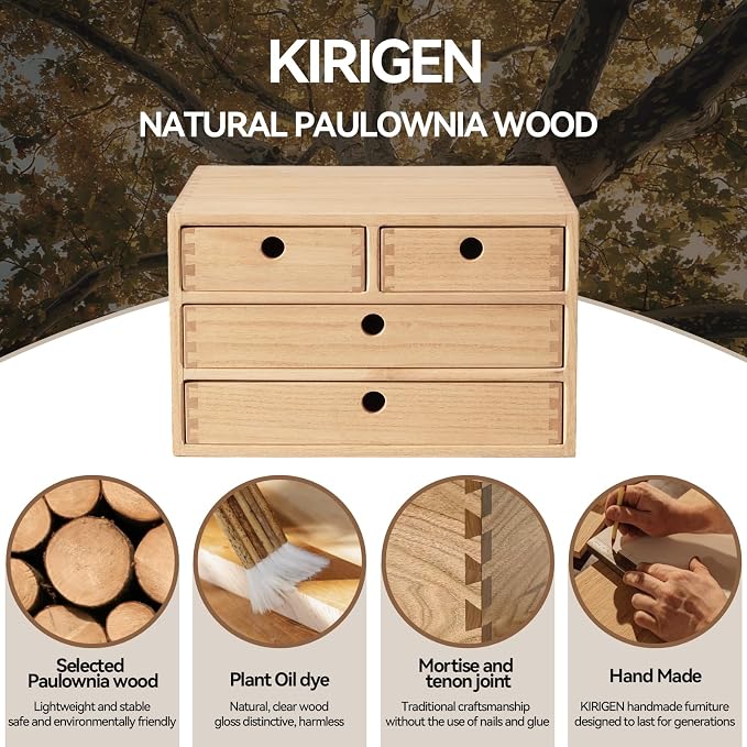KIRIGEN Wood Desk Organizer with 4 Drawers, Desktop Storage, Natural 34-NA | 3-Tier Solid Wood Cabinet Holds Letter-Size Paper, Mail, Makeup, Crafts, and Home Office Supplies, Fully Assembled - Image 7