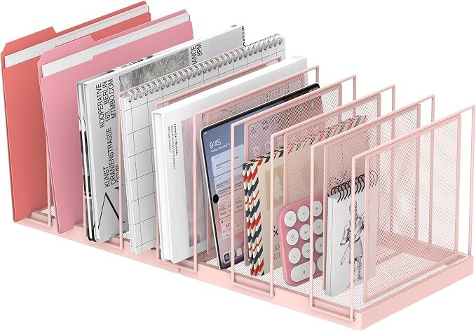 9-Section Desk File Organizer, Vertical File Holder, Mesh Desktop File Folder Metal File Organizer Stand for Office Home Classroom, Pink by JMHUD