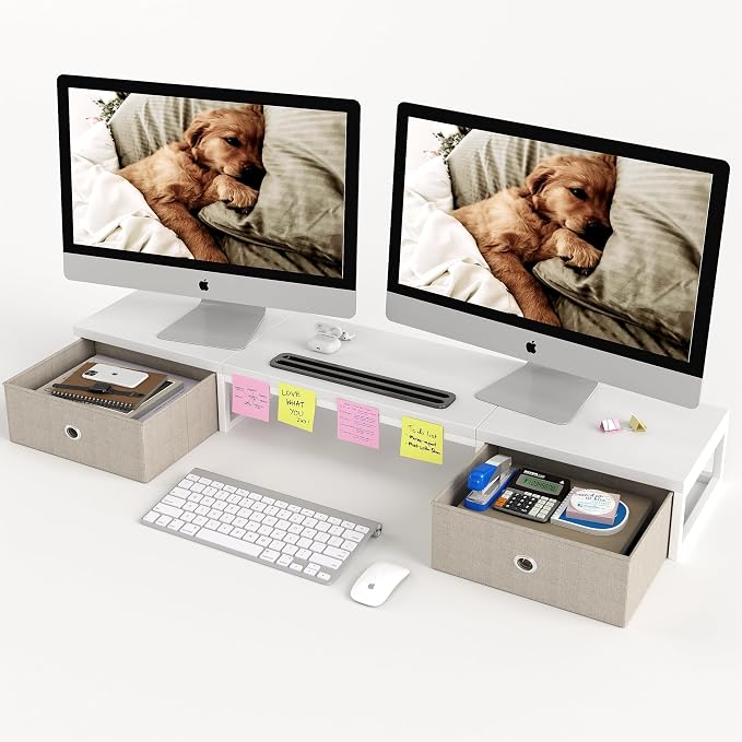 39 Inch Dual Monitor Stand Riser with 2 Drawers - Large White Wooden Computer Stand for 2 Monitors, Ergonomic Desk Organizer with Phone Holder, Desktop Storage for Laptop, Office Supplies, Home Office - Image 9