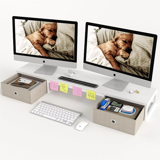 39 Inch Dual Monitor Stand Riser with 2 Drawers - Large White Wooden Computer Stand for 2 Monitors, Ergonomic Desk Organizer with Phone Holder, Desktop Storage for Laptop, Office Supplies, Home Office by Mexin