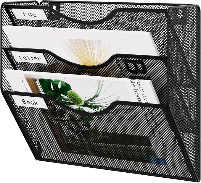 EasyPAG 3 Pocket Mesh Wall File Organizer, Hanging Paper Folder Holder with Classify Label, Vertical Wall Mount Mail Organizer for Office Home Classroom, Black by EasyPAG