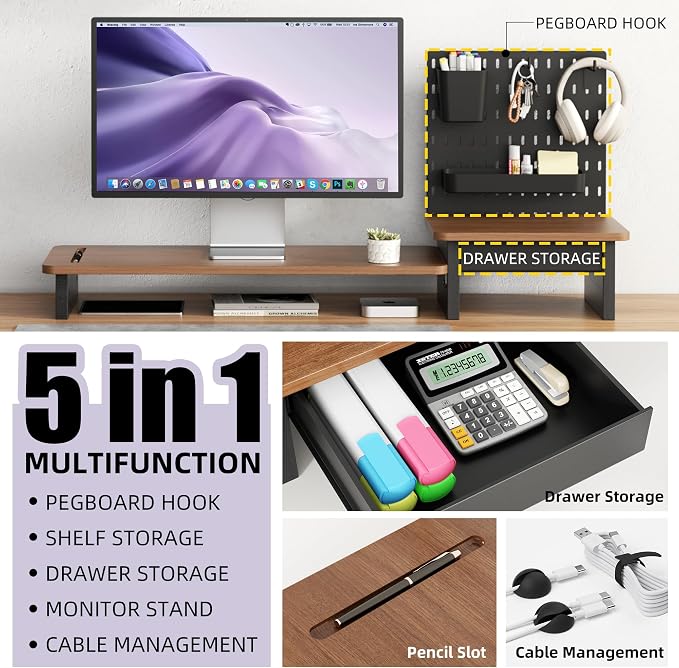 AFOOYO Monitor Stand Riser,Computer Monitor Stand with DIY Pegboard and drawer for Laptop,PC,Computer,Printer,Walnut Finish - Image 3