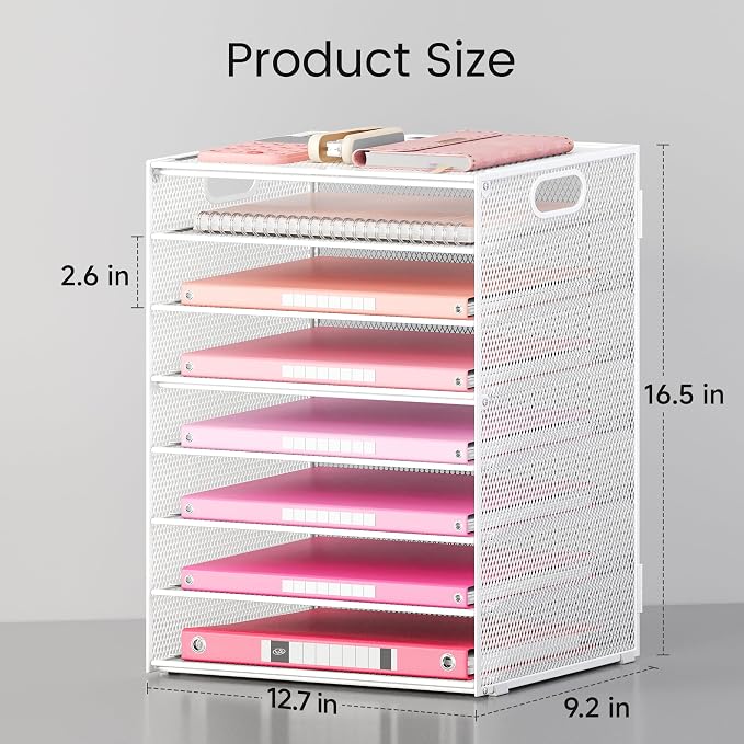 Lavatino 2 Pack 8-Tier Office Desk File Organizer, Letter Tray Paper Organizer with Handle, Including 5 Adjustable Slide Trays for Organizing Desk Workspace Accessories and Supplies (White Metal Mesh) - Image 2
