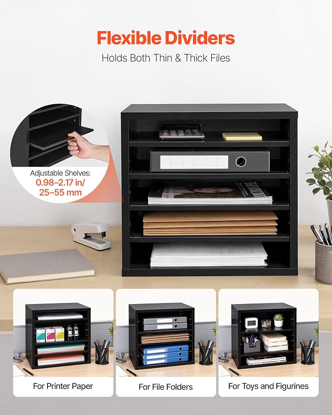 VEVOR Literature Organizer, 5 Compartments Office Mailbox with Adjustable Shelves, Wooden Mailbox Sorter with MDF, Countertop Office Home Classroom Storage Organizer for File, Document, Paper, Black - Image 3