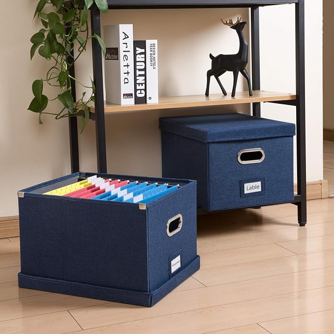 File Organizer Box - Set of 1 Collapsible Decorative Linen Filing Storage Hanging File Folders with Lids Office Cabinet Letter/Legal Size Navy Blue (17x14x11.2 inch) - Image 3