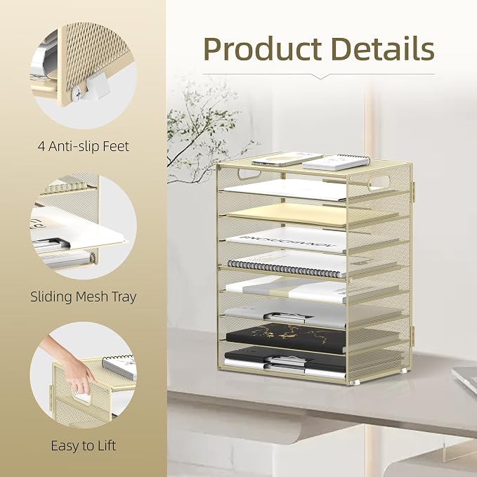 9-Tier Paper Organizer for Desk, Letter Tray with Handles, Golden Yellow | Desk File Organizer with Removable Trays for Sorting Files, Folders, Mail and Printer Paper at Home, School or Office - Image 5