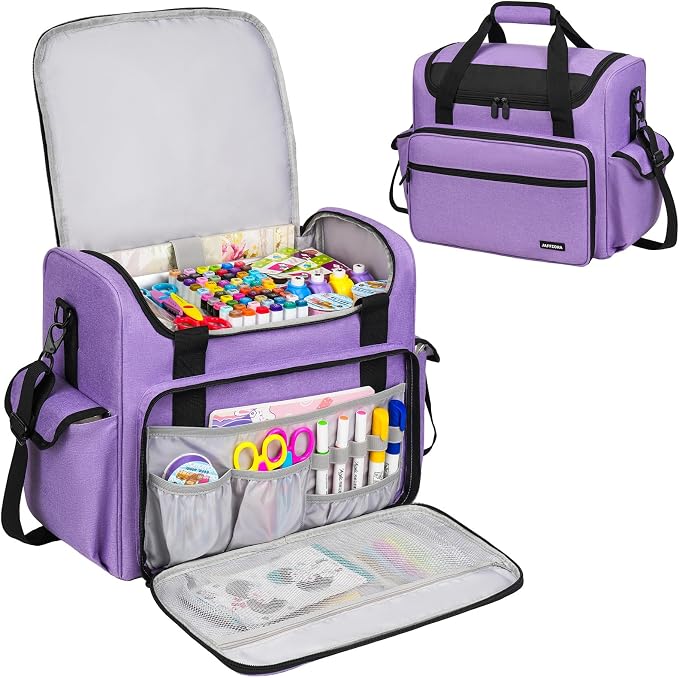 Craft Bag for Scrapbook Supplies, Large Scrapbook Tote with 15.6'' Laptop Sleeve, Art Supply Storage Bag with Multiple Pockets for Scrapbooking Tools, Purple by Jaffzora