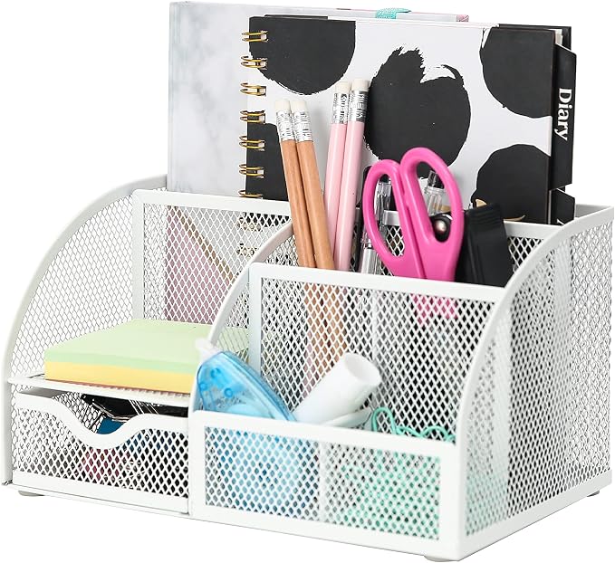 Exerz Desk Organizer 7 Compartments Metal Mesh Pen Holder Caddy White | Compact White Desktop Storage for Notes Clips Scissors Rulers Craft Tools Makeup Study and Home Use by Exerz