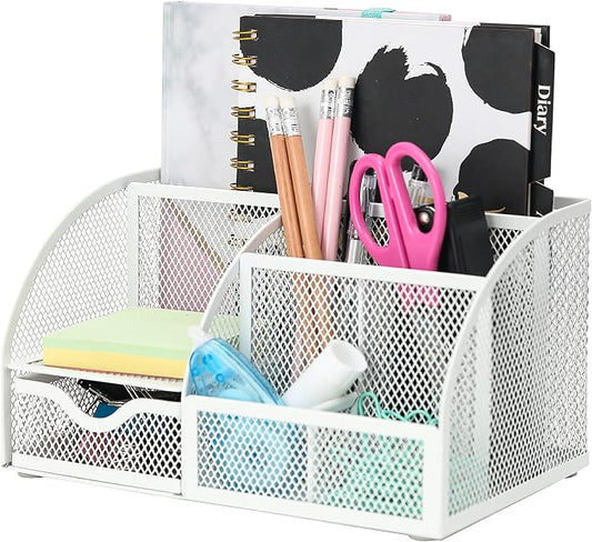 Exerz Desk Organizer 7 Compartments Metal Mesh Pen Holder Caddy White | Compact White Desktop Storage for Notes Clips Scissors Rulers Craft Tools Makeup Study and Home Use by Exerz