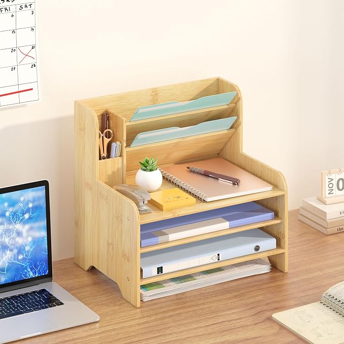 Bamboo File Organizer for Desk, Desktop Paper Tray and Mail Holder | Three open tiers keep A4/letter paper, folders, bills and mail sorted, visible and easy to reach while saving desk space - Image 3