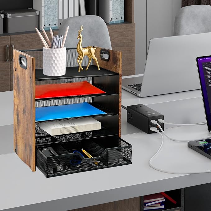 Desk Organizer, 5-Tier Desktop File Organizer with Drawer, Wooden Paper Tray Organizer, Office Desk Organzier and Accessories for Papers, Mail, Notebooks, Stationery - Image 3