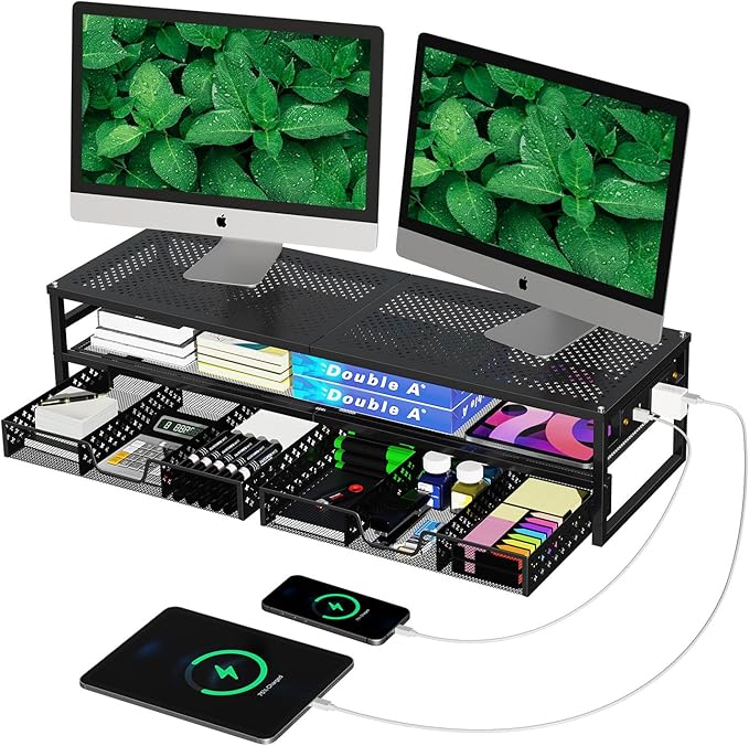 Simple Trending 2-Tier Metal Dual Monitor Stand with USB & 2 Drawers, Black | 32"W x 10"D x 7"H. USB 2.0 + charging port. 2 drawers. Mesh cooling vents. Holds 100 lbs. Non-slip base. Cable ties included. by SimpleTrending