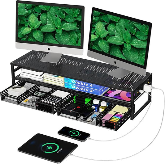 Simple Trending 2-Tier Metal Dual Monitor Stand with USB & 2 Drawers, Black | 32"W x 10"D x 7"H. USB 2.0 + charging port. 2 drawers. Mesh cooling vents. Holds 100 lbs. Non-slip base. Cable ties included. by SimpleTrending