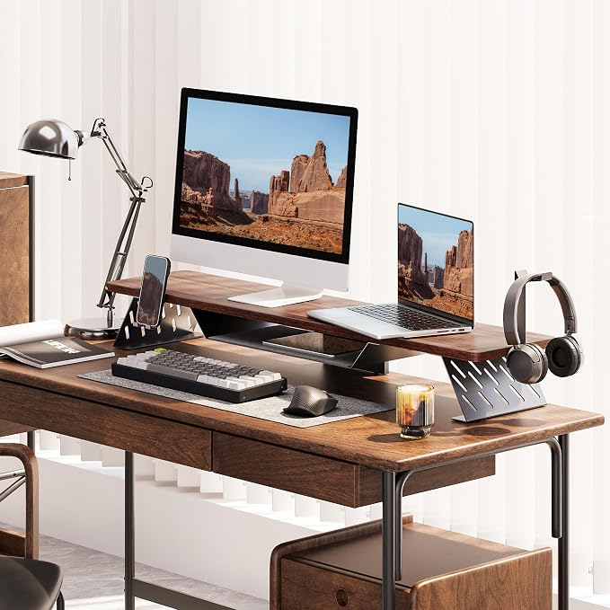 Fenge Dual Monitor Stand, Wooden Desk Shelf with Headphone & Phone Holder | 42.5" Monitor Riser with Storage Shelf, 2-Tier Monitor Shelf with Metal Leg for Home Office Organizer, Brown - Image 2