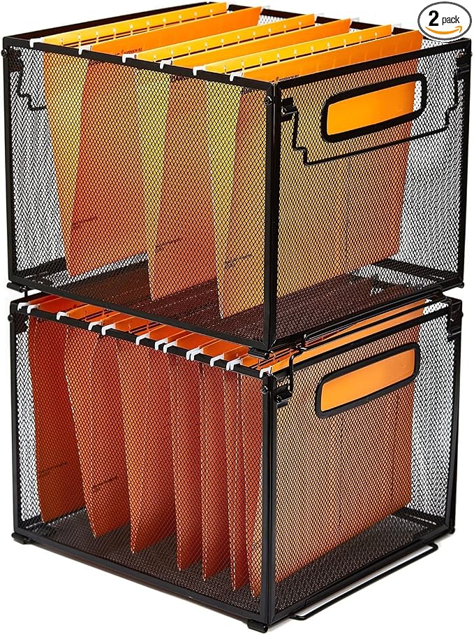 SETTFRFE 2 Pack File Organizer,Metal File Crates for Hanging Folders,Black | Mesh Letter Size Hanging Folder Organizer & Filing Crate with Handle,Stackable Rack for Office Supplies,Classroom & Home by SETTFRFE
