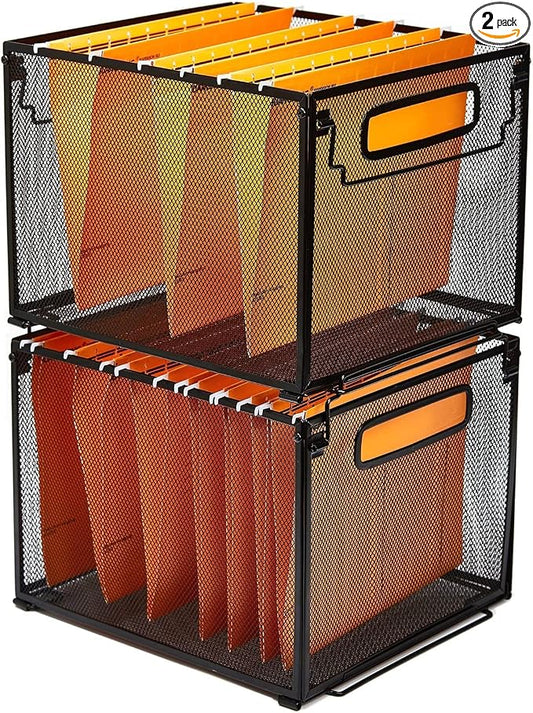 SETTFRFE 2 Pack File Organizer,Metal File Crates for Hanging Folders,Black | Mesh Letter Size Hanging Folder Organizer & Filing Crate with Handle,Stackable Rack for Office Supplies,Classroom & Home by SETTFRFE