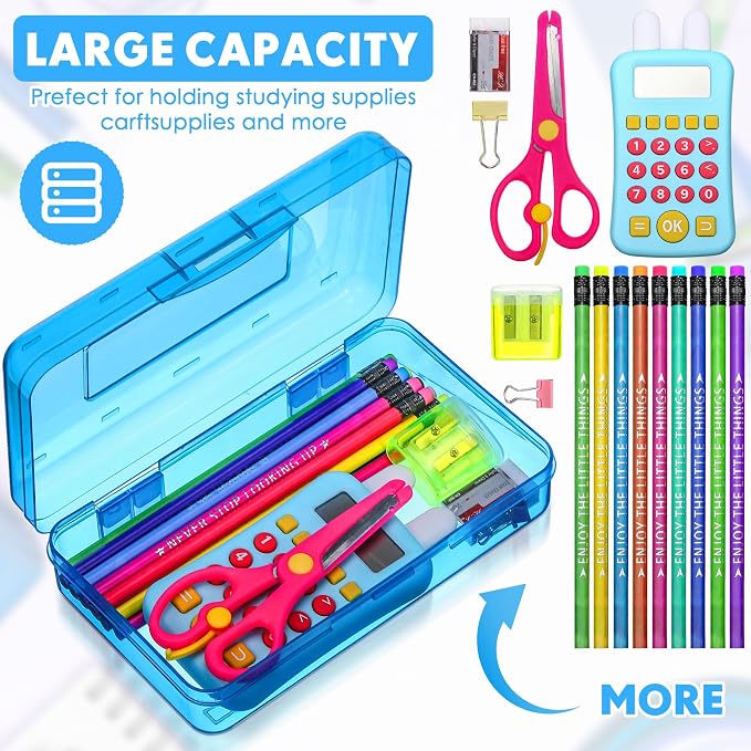 Fainne 24 Pack Pencil Boxes for School Clear Plastic Pencil Case Large Plastic Crayon Box Bulk Stackable Classroom Stationery Organizer School Supplies(Blue, Purple) - Image 3