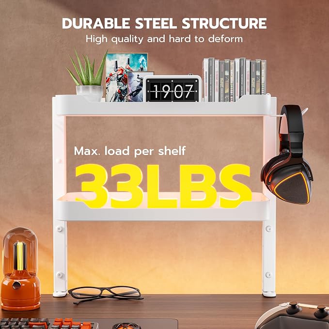ARES WING 2-Tier 16 inch Clamp On Desk Shelf, Above or Under Desk Storage | Adjustable Desktop Organizer Shlef Holds 66 lbs Heavy Duty, with Headphone Holder for Working and Gaming Accessories, White - Image 3