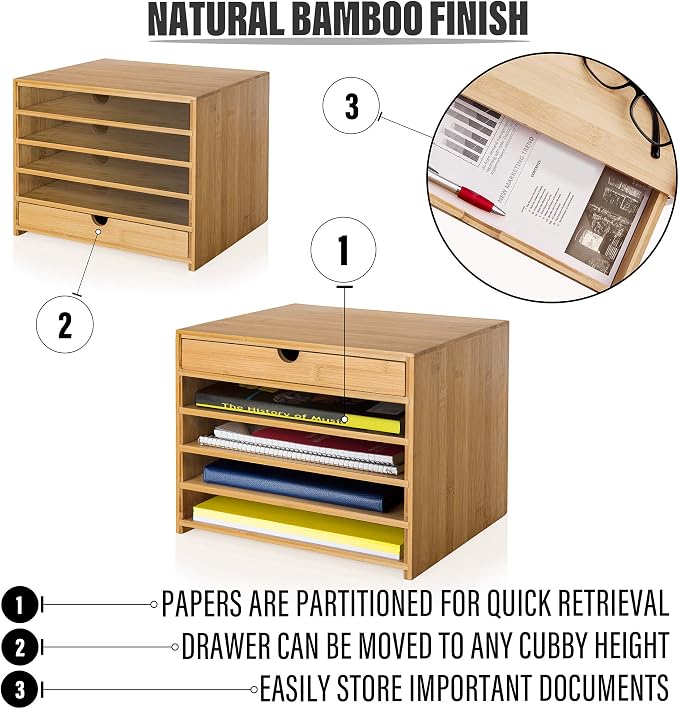 Prosumer's Choice Bamboo Four Cubby Paper Letter Tray Organizer with Single Pull-Out Drawer for Home and Office | Desktop Organizer with Drawer - Natural Bamboo Color - Image 3