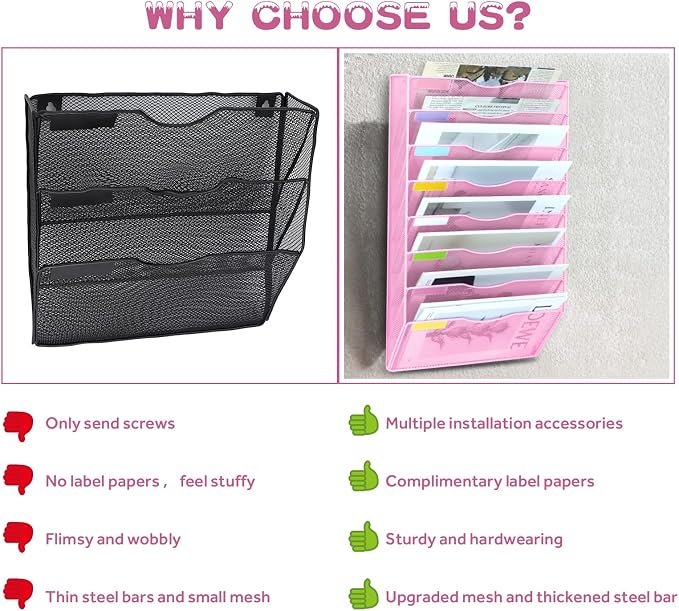 8 Pockets Mesh Wall File Holder Organizer Office Hanging File Folder Magazine Rack, Nametag Label Hooks Set Included (Pink) - Image 5