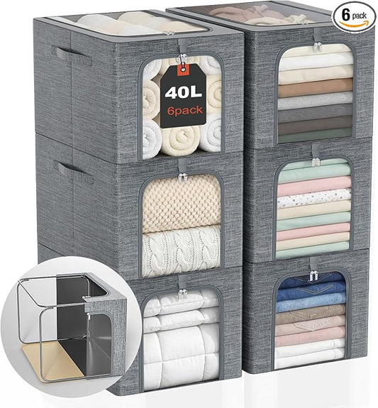 GoMaihe Clothes Storage Bins with Metal Frame for Closet, 40L 6-Pack Grey | Sweaters Hoodies Jeans T-Shirt, Closet Top Shelf Organizer, Steel Frame Collapse-Proof, Stackable, Clear Window, Dual Access by GoMaihe