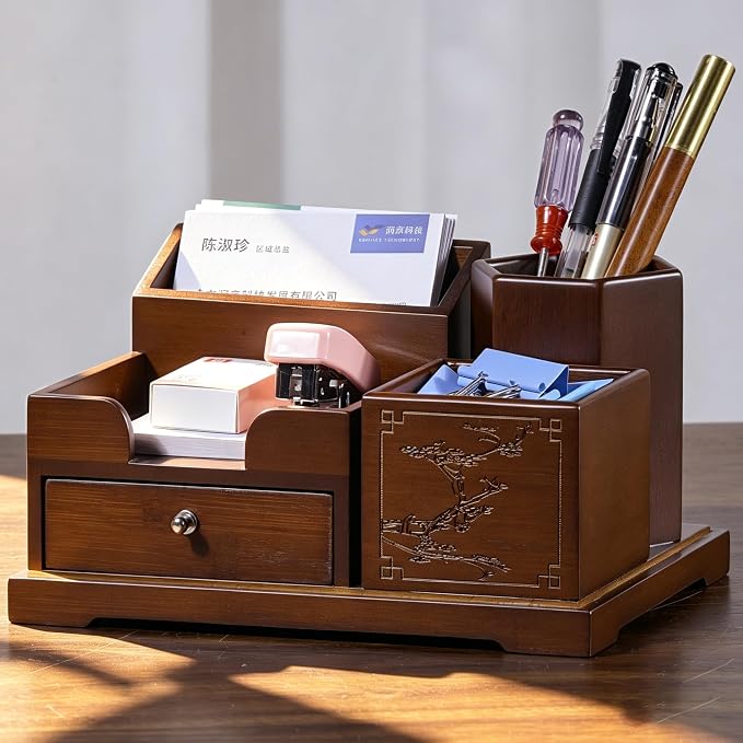 Bamboo Desk Organizer with Drawer, Wood Pen Holder & Card Slot, Brown | Desktop Storage Caddy, Office & Home | Natural Solid Bamboo, No Assembly, Non-Slip Base | Multi-Compartment, Ready to Use by GroveMindooOfficeStorage