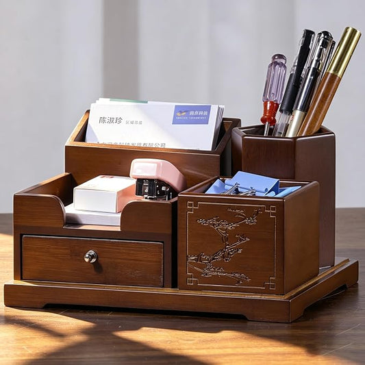 Bamboo Desk Organizer with Drawer, Wood Pen Holder & Card Slot, Brown | Desktop Storage Caddy, Office & Home | Natural Solid Bamboo, No Assembly, Non-Slip Base | Multi-Compartment, Ready to Use by GroveMindooOfficeStorage