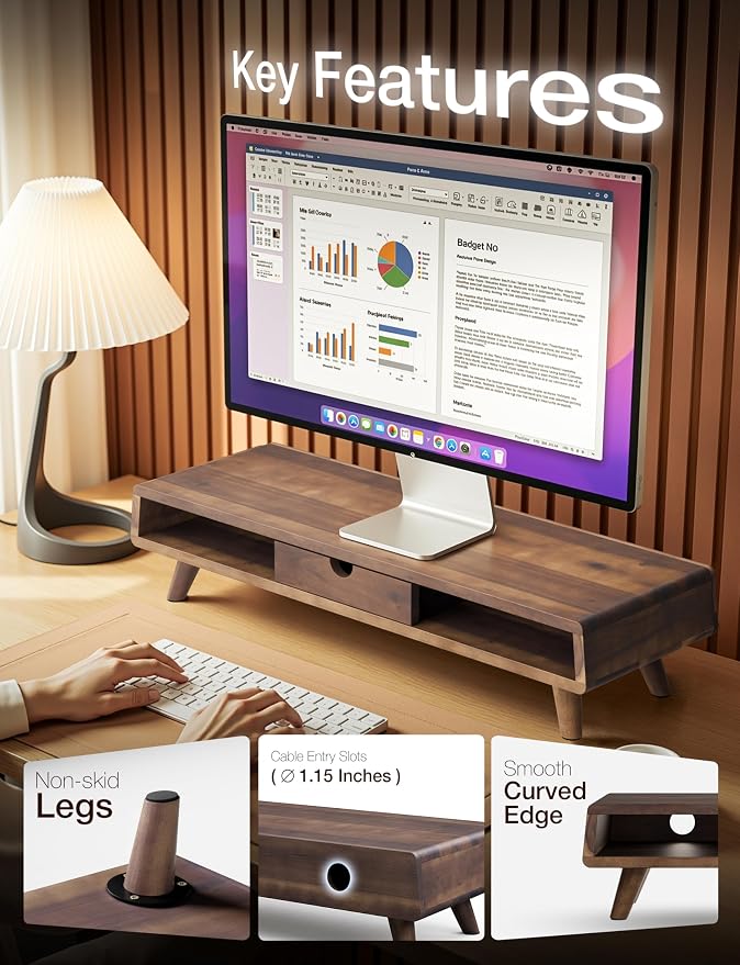 Tinamo Wood Monitor Stand with Drawer & Storage, Walnut Color (Patented) | Acacia Wood, Fits Monitors up to 32", Built-in Drawer, Hidden Storage, Non-slip, Round Edge, Ergonomic Height, Easy Assembly - Image 3