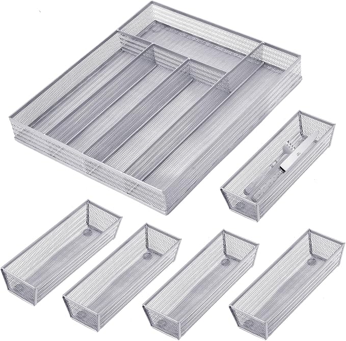 Neudeco Drawer Organizer Set, Silver Mesh, 6 Pack | 5-Compartment Silverware Tray, 5 Utensil Trays, Non-Slip, For Flatware, Cutlery, Office Supplies - Image 9