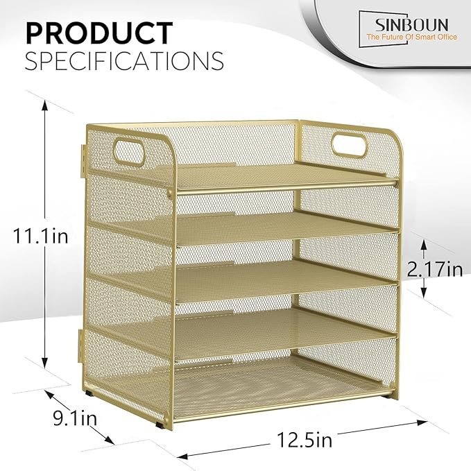 Sinboun Letter Tray Paper Organizer 5-Tier Desk Organizer File Organizer Paper Holder with Handle, Metal Desktop Document Shelf Tray Office Classroom Organization - Gold - Image 2