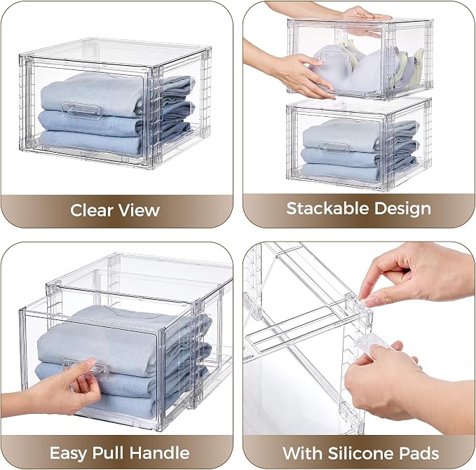 Vtopmart 4 Pack Clear Stackable Closet Storage Drawers 15QT, Medium | Easily Assemble Closet Organizers,Plastic Storage Bins for Bathroom,Cabinet,Kitchen Pantry,Under Sink Organization - Image 6