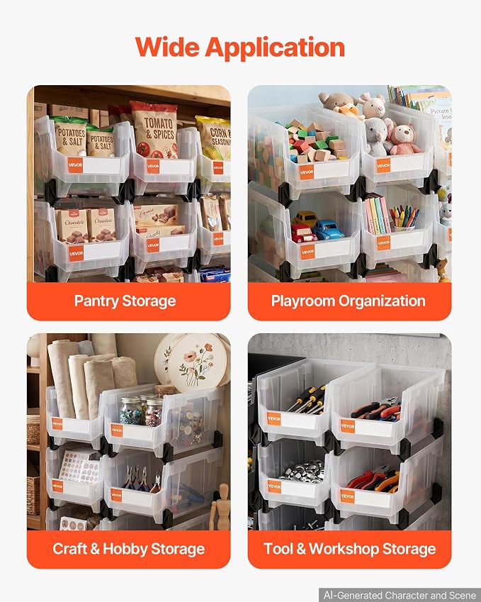 VEVOR Plastic Stackable Storage Bins, 14.8 x 8.5 x 7.1 inch (6 Pack), Plastic Containers for Organizing & Storage Bins for Closet, Garage, Small Parts, Office Supplies, Other Accessories, Transparent - Image 3