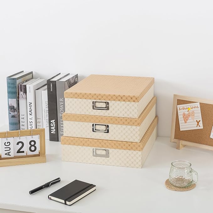 Soul & Lane - Geometric Check Scrapbook Storage Boxes with Lids, Set of 3 | Large Decorative Cardboard Letter Box Set for Documents, Photos and Keepsakes, Nesting Memory Organizers for Organizing - Image 2