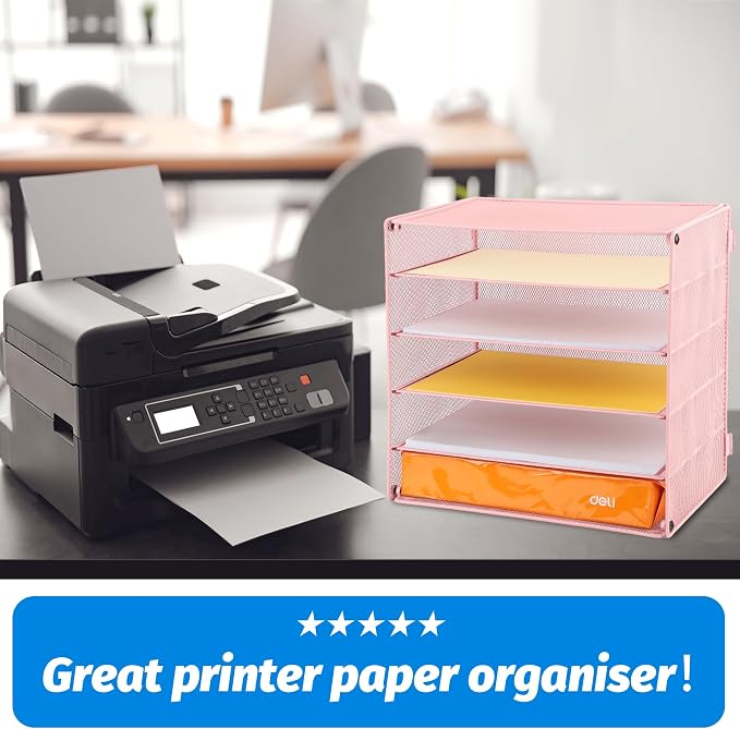 5 Slot Mesh Desk Organizer Tray, File Paper Letter Folder Holder Desktop Paper Sorter Mail Organization Rack Storage Accessories, for Office Home School Classroom, Pink - Image 4