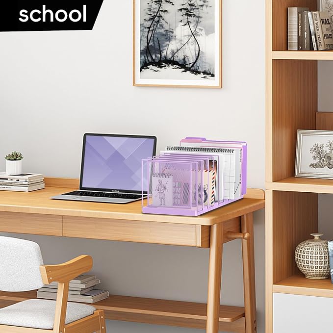 9-Section Desk File Organizer, Vertical File Holder, Mesh Desktop File Folder Metal File Organizer Stand for Office Home Classroom, Purple - Image 7