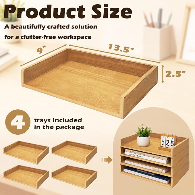 4 Pack Stackable Paper Tray, Wooden Paper Tray Organizer with Letter Tray, Paper Holder for Desk, Desktop File Storage Rack for Study, Home and Office (Oak) - Image 3