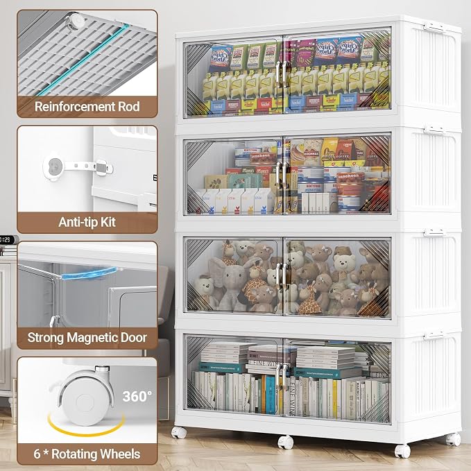 BROVIEW V60 660QT Plastic Stackable Storage Bins with Lid, 3Pack White | 165Gal Extra Large Closet Organizers Collapsible Cabinets Boxes With Drawer, Foldable Container with 6x Wheels for Home - Image 5