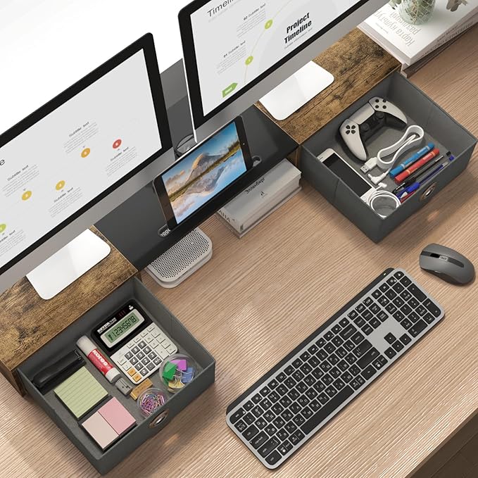 WESTREE Dual Monitor Stand Riser with Two Drawers, Extra Large Storage Monitor Stand for 2 Monitors, Desktop Organizer Stand Storage for Computer,Laptop,Screen,Printer,TV - Image 2