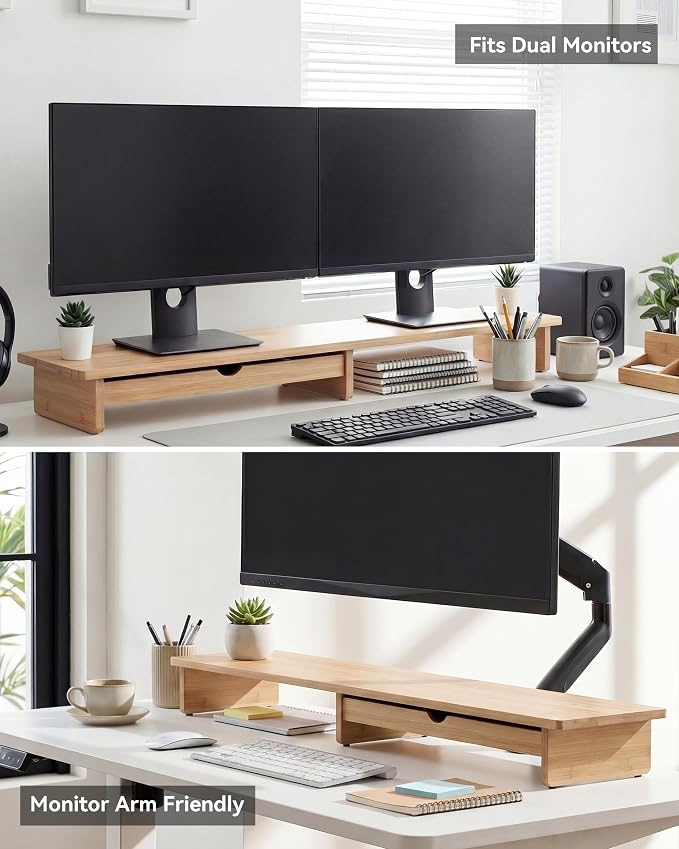 42” Monitor Stand with Large Drawer Keyboard Storage,Bamboo | Dual Computer Monitor Riser Shelf for 55-72 Inch Desk Aesthetic Workplace Computer Setup Desktop Organizer Easy Assembly - Image 7