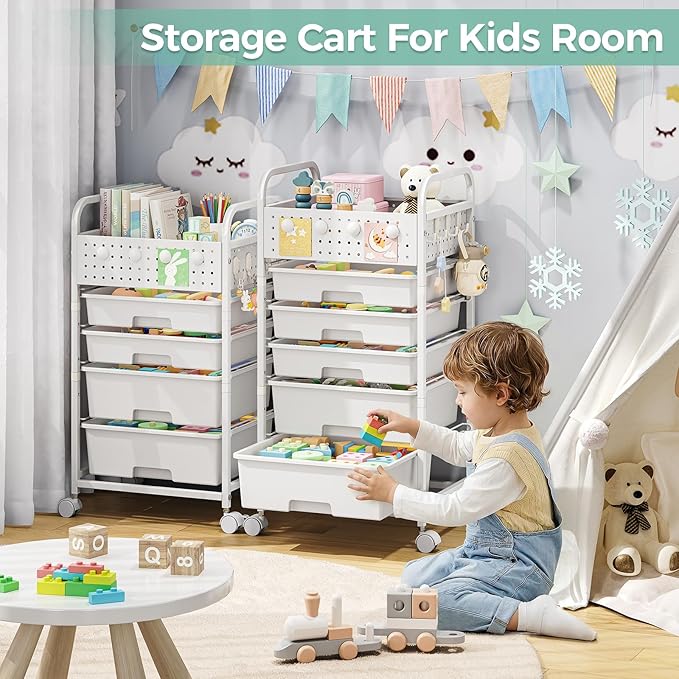 5 Drawer Rolling Storage Cart with Pegboard Top and Hooks, White | Mobile Utility Organizer with Wheels for Office Supplies, Craft Storage, Classroom Organization, Home Storage Cart - Image 8