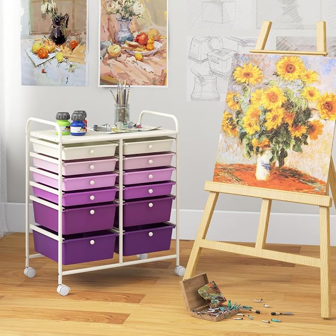 COSTWAY 12-Drawer Rolling Storage Cart, Moveable Art Craft Organizer | Lockable Wheels, Metal Shelf, Files Arrangement Tools Makeup Storage Cart for Office, Home, School (Purple Gradient) - Image 8