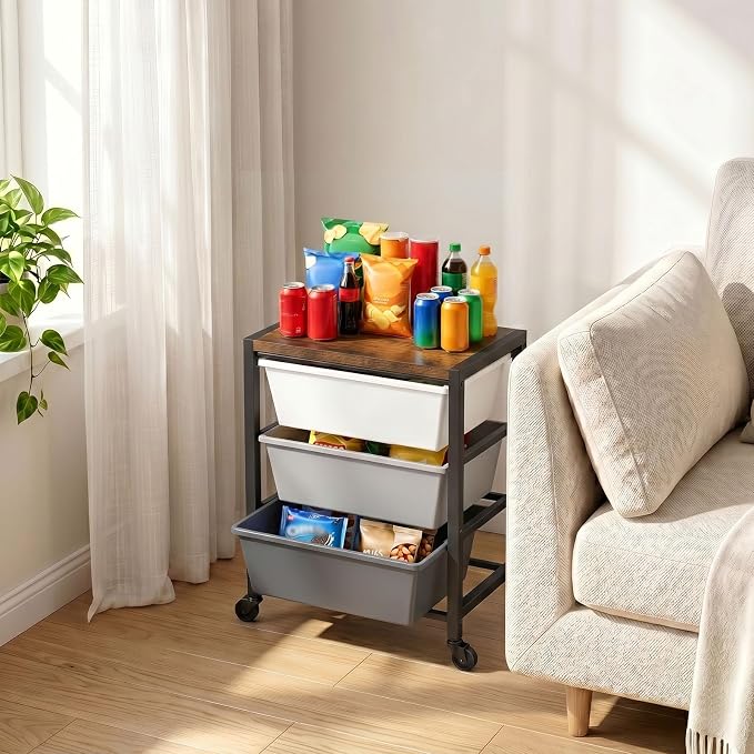 Rolling Cart with 3 Drawers, Plastic Drawer Storage Carts with Lockable Wheels & Wooden Tabletop, Metal Art Craft Utility Cart Organizer for Home Office Bedroom Dorm Bedside Classroom, Dark Gray - Image 7