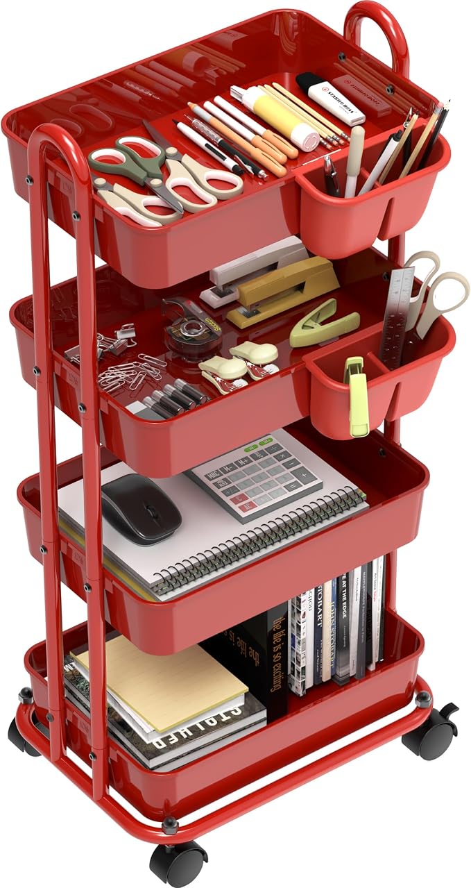 Simple Houseware 4-Tier Rolling Utility Cart with Hanging Bucket, Red | Storage for Bathroom, Kitchen, Office, Study Room, Nursery Diaper - Image 2