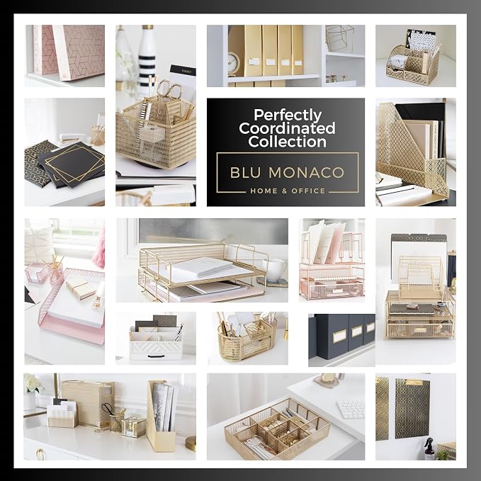 BLU MONACO | Gold Desk Organizer With Drawer | Metal Mesh File Holder & Vertical File Organizer | Desktop Storage for Office Supplies, Papers & Folders | 9.3" D x 13" W x 14" H - Image 8