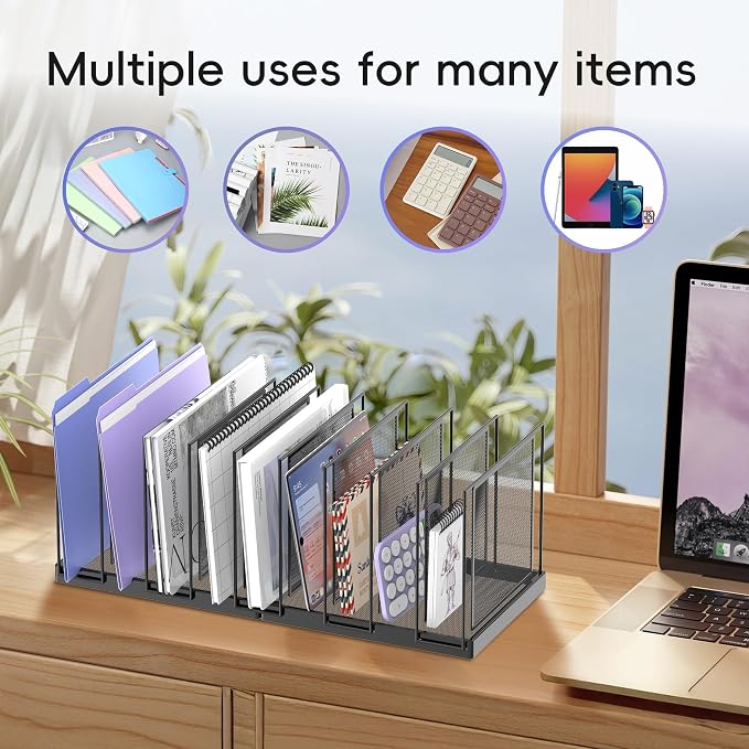 9-Section Desk File Organizer, Vertical File Holder, Mesh Desktop File Folder Metal File Binder Organizer Stand for Office Home Classroom, Black - Image 3